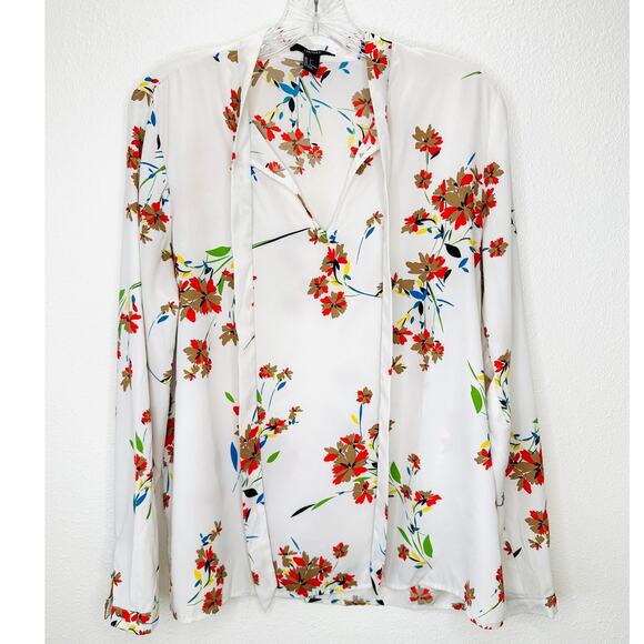 Off White Red Brown Blue Floral Long Sleeve Tie Neck Blouse Top L - Picture 1 of 11